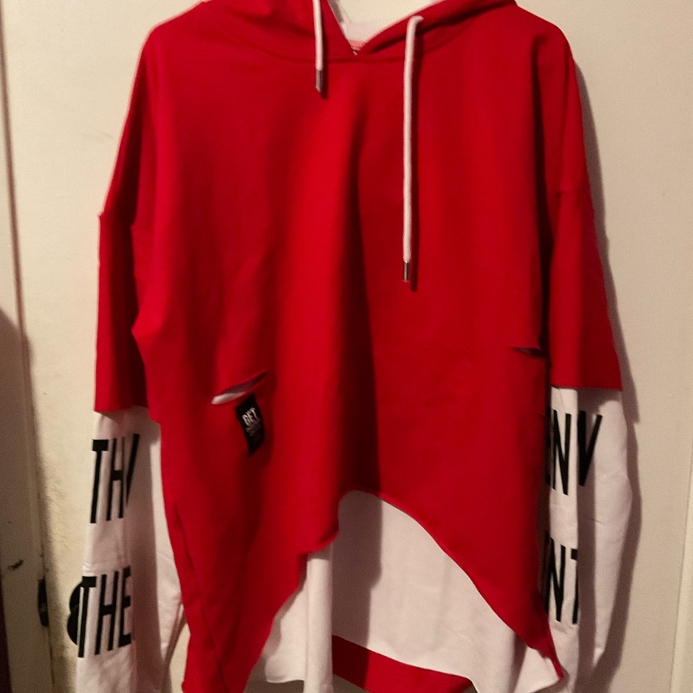 Fashion men’s hip-hop “Then” Red and White pullover hoodie size XL